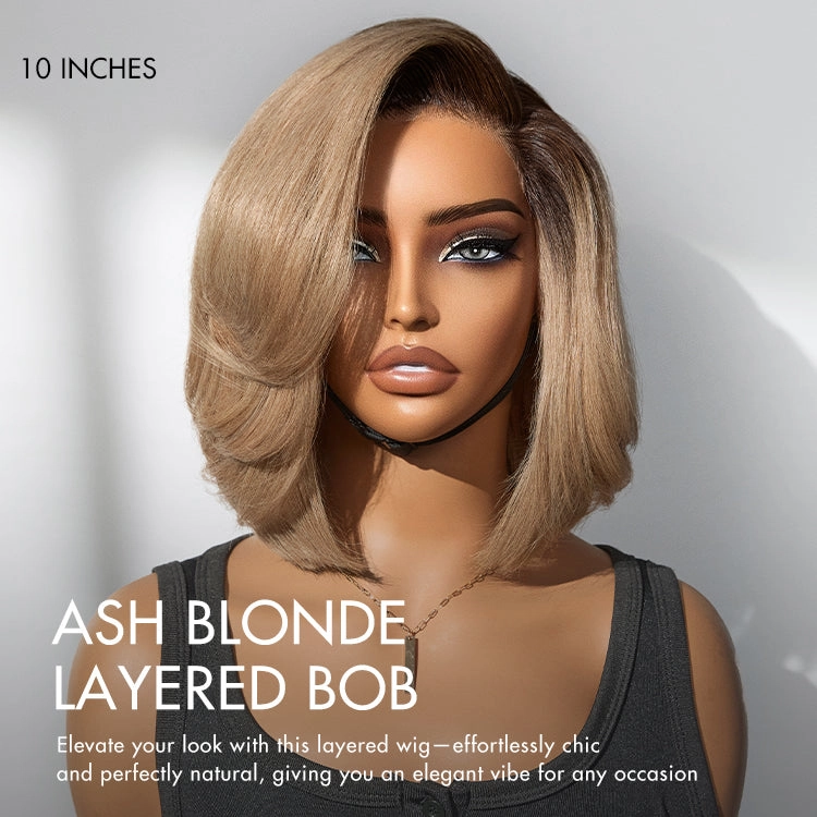Ash Blonde Layered Bob Human Hair Wig Glueless Minimalist HD Lace Short Blonde Wig Pre-Cut Lace - US ONLY