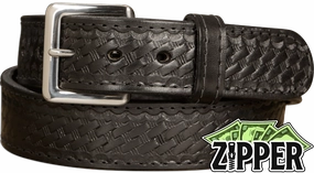 Black Basket Weave English Bridle Leather Money Belt With 25" Zipper 1.50" Wide