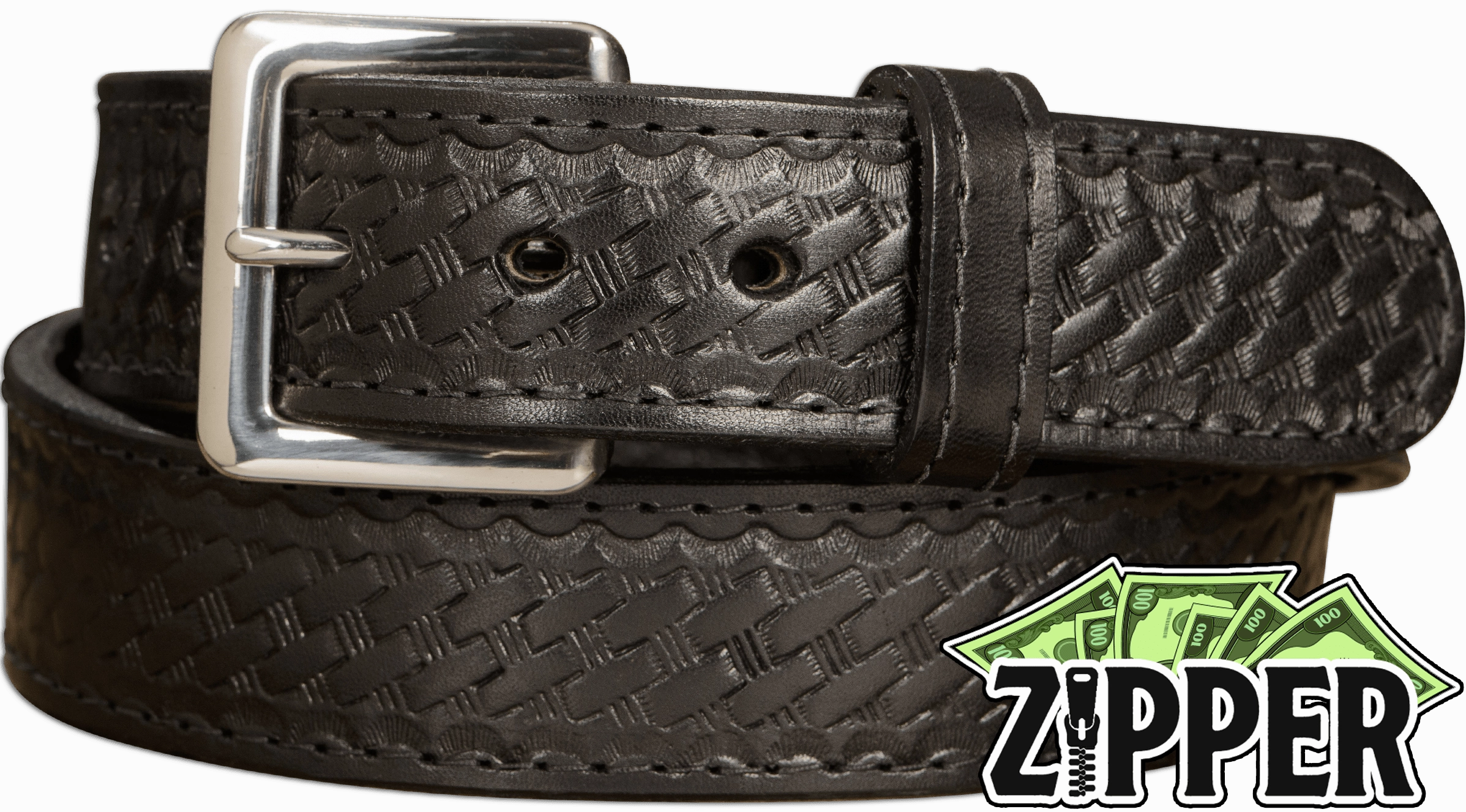 Black Basket Weave English Bridle Leather Money Belt With 25" Zipper 1.50" Wide