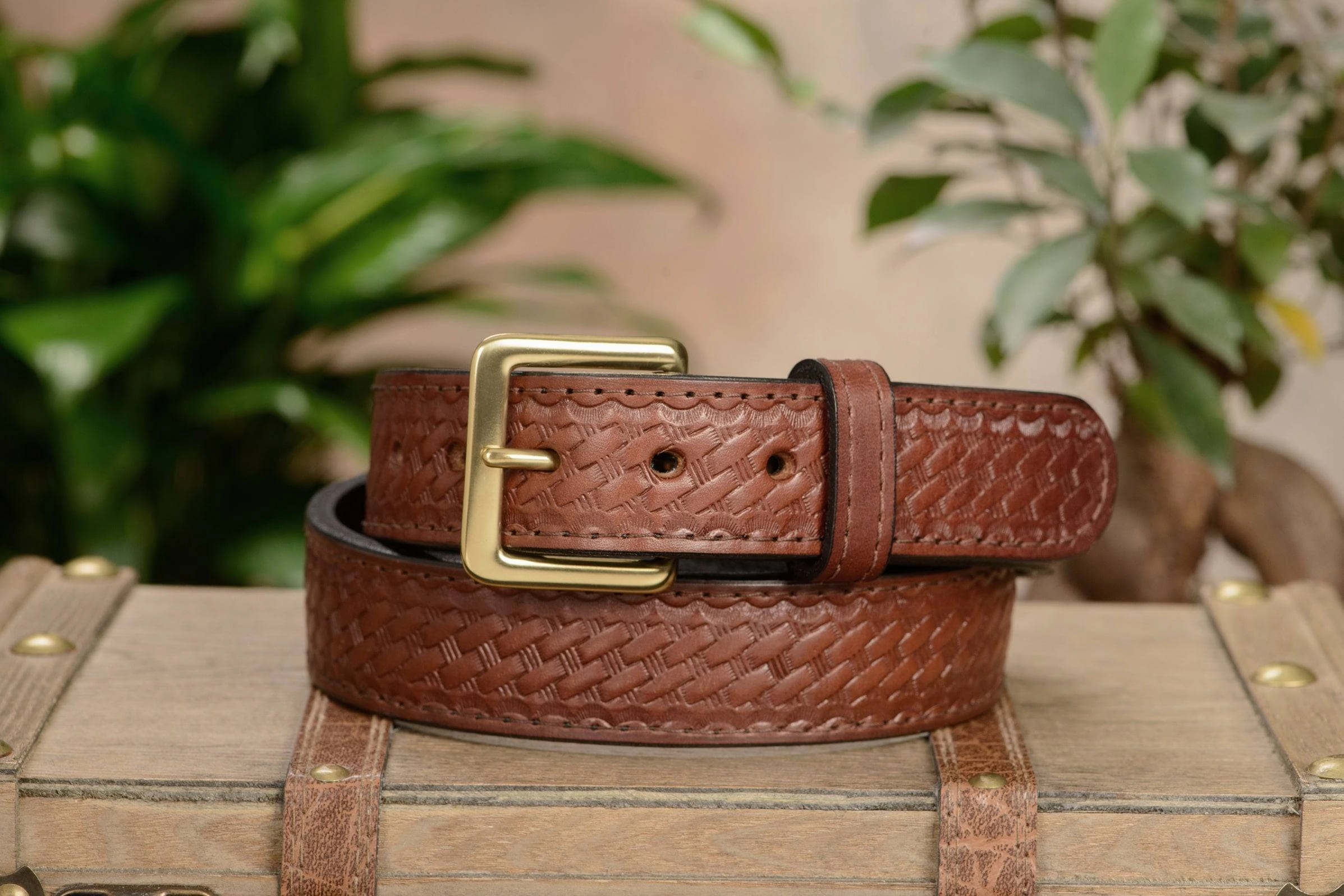 Brown Basket Weave English Bridle Leather Money Belt With 25" Zipper 1.50" Wide