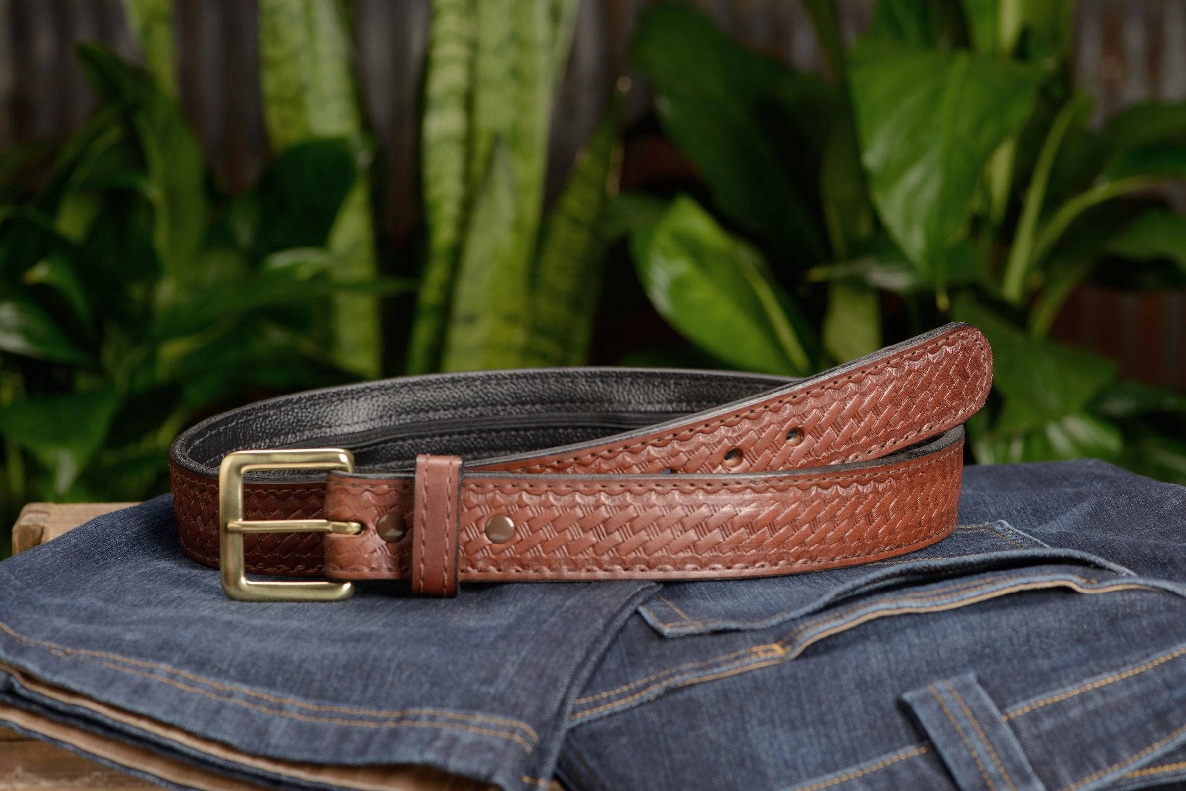 Brown Basket Weave English Bridle Leather Money Belt With 25" Zipper 1.50" Wide