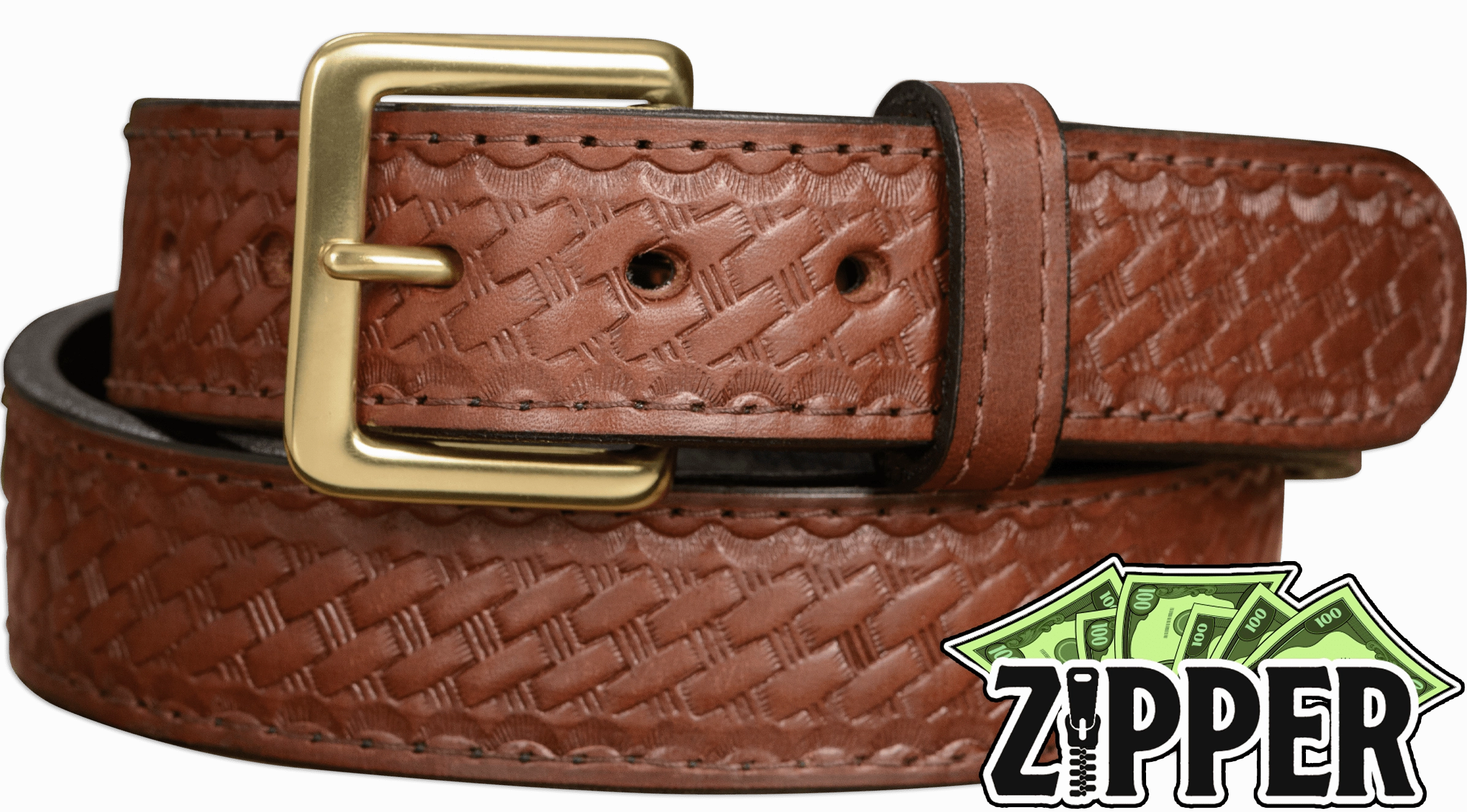 Brown Basket Weave English Bridle Leather Money Belt With 25" Zipper 1.50" Wide