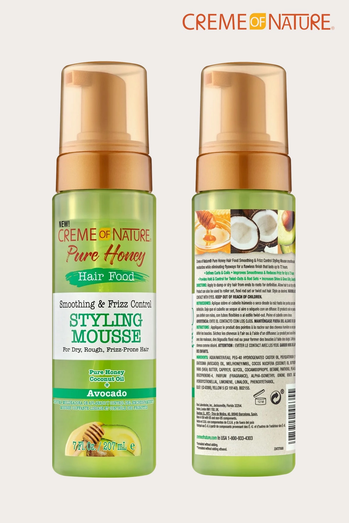 CREME OF NATURE PURE HONEY HAIR FOOD SMOOTHING & FRIZZ CONTROL STYLING MOUSSE AVOCADO 7oz