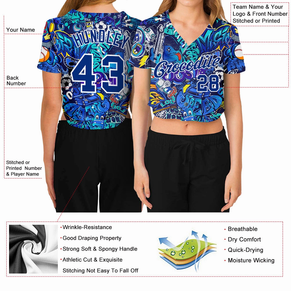 Custom Women's Graffiti Pattern Royal-White Abstract Urban Street Art 3D V-Neck Cropped Baseball Jersey