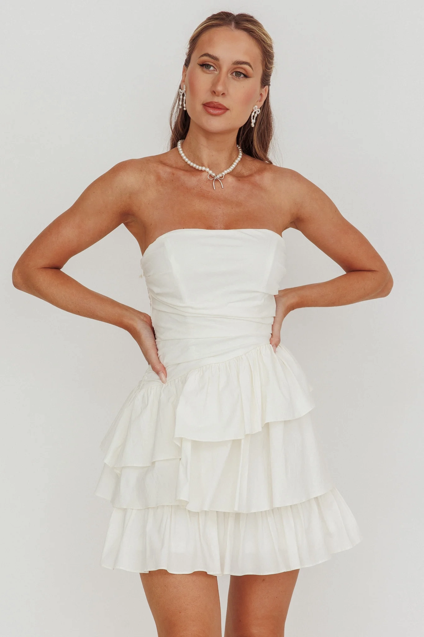 Destini Strapless Layered Frill Mini Dress Off White
