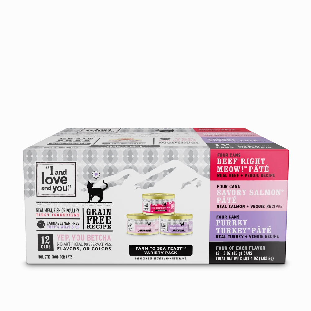 I and Love and You Beef, Right Meow!, Savory Salmon, and Purrky Turkey Pate Multi-Pack Canned Cat Food