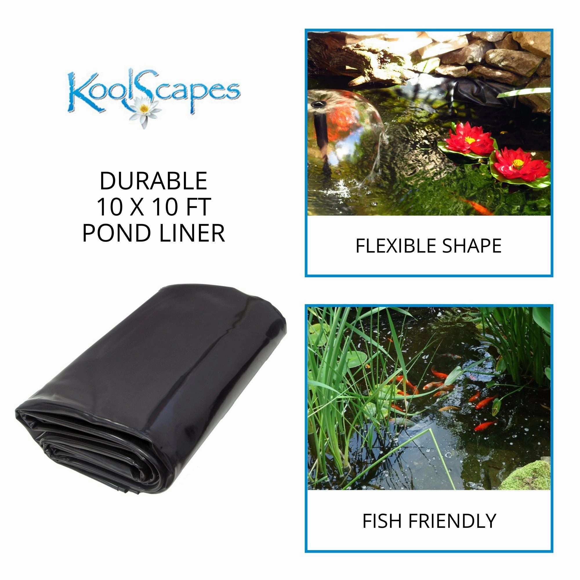 Koolscapes 400 Gallon Starter Pond Kit with 340 GPH Pump, Water Bell and Double Daisy Fountain Nozzles, 10 x 10 Ft Flexible Liner, Floating Solar Light, Fish-Friendly Backyard Koi Pond Kit