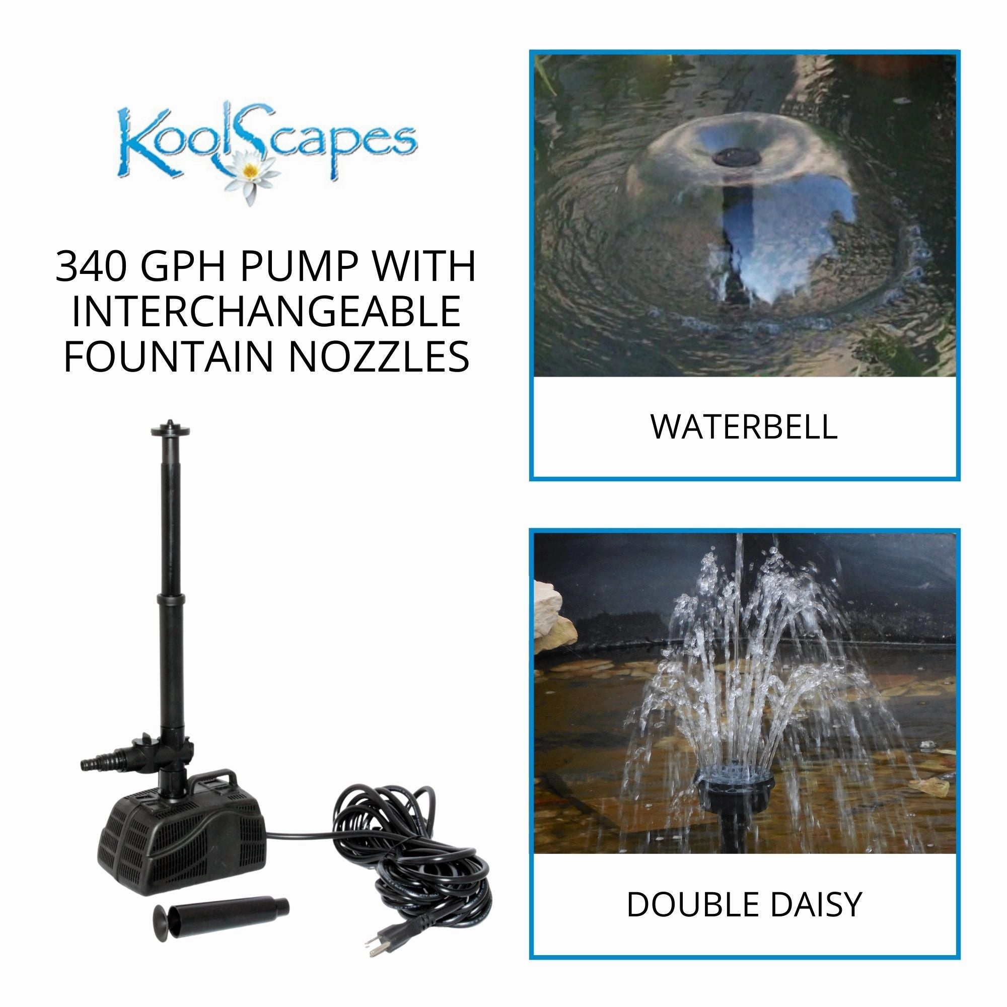 Koolscapes 400 Gallon Starter Pond Kit with 340 GPH Pump, Water Bell and Double Daisy Fountain Nozzles, 10 x 10 Ft Flexible Liner, Floating Solar Light, Fish-Friendly Backyard Koi Pond Kit