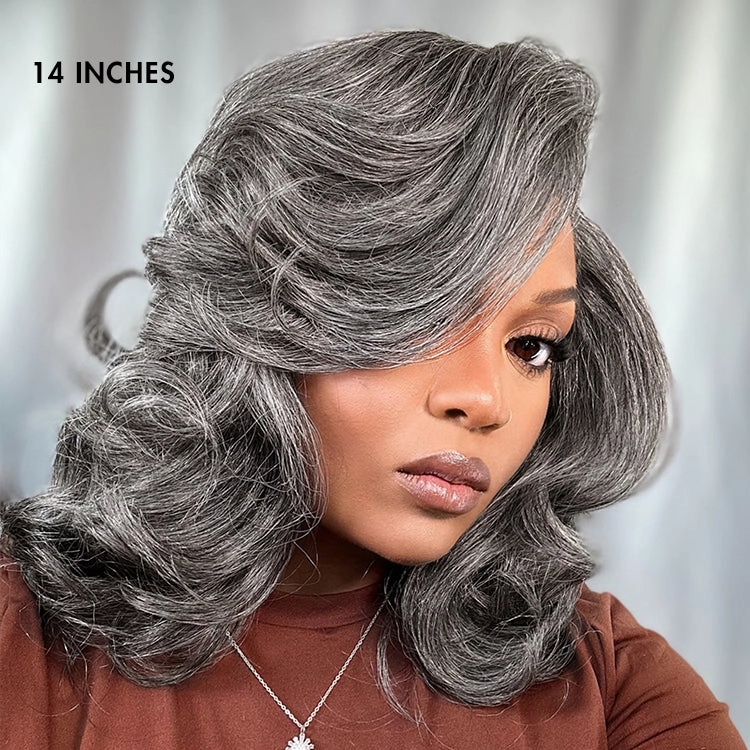 Layered Blowout Salt and Pepper Glueless Grey Wig Minimalist HD Lace Shoulder Length Wavy Wig