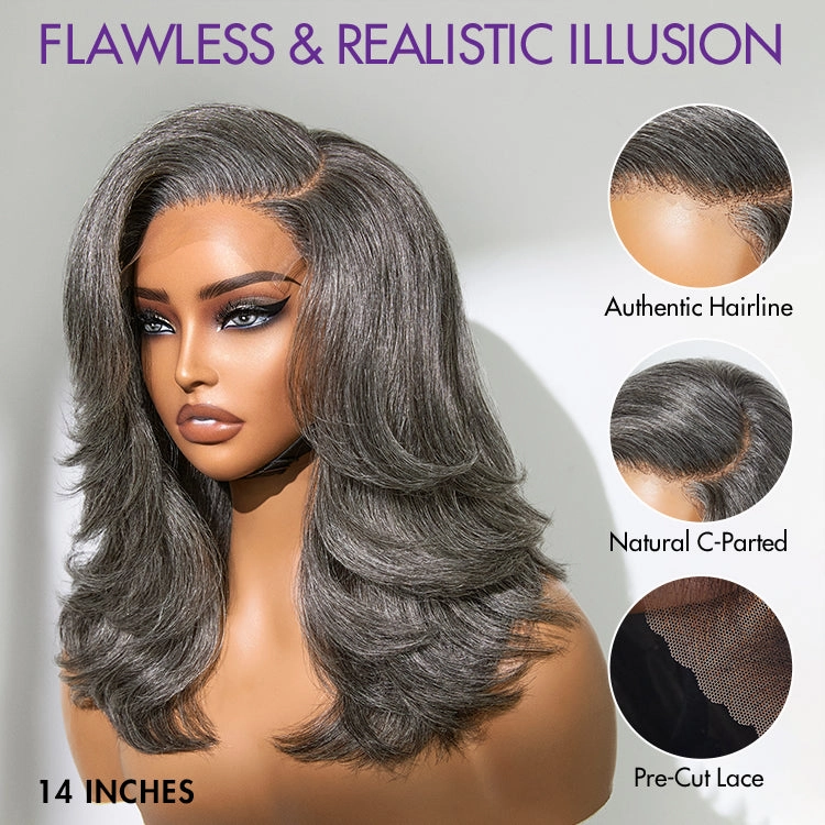 Layered Blowout Salt and Pepper Glueless Grey Wig Minimalist HD Lace Shoulder Length Wavy Wig