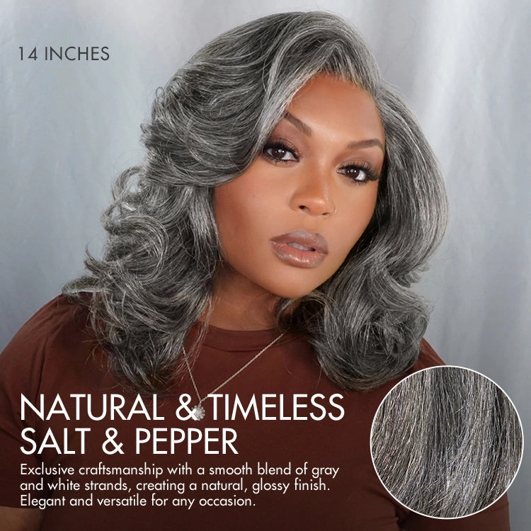 Layered Blowout Salt and Pepper Glueless Grey Wig Minimalist HD Lace Shoulder Length Wavy Wig