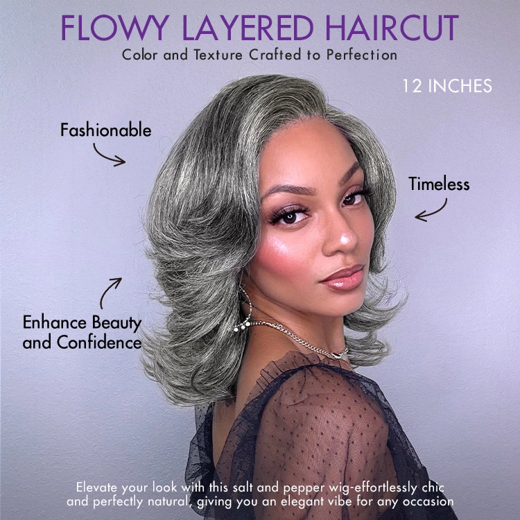 Layered Blowout Salt and Pepper Glueless Grey Wig Minimalist HD Lace Shoulder Length Wavy Wig