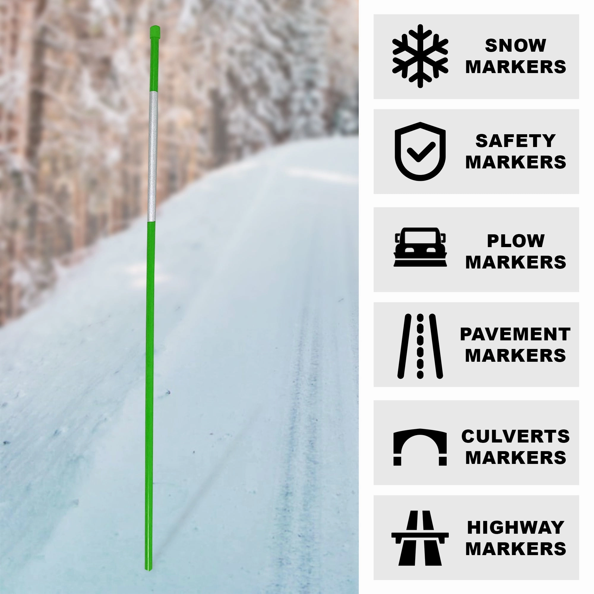 Oskar 48" Reflective Fiberglass Driveway Markers, Green and White, Flexible High-Visibility Snow Stakes, Easy to Install Poles for Hazards, Private Roads, Property Lines, Night, Snow Plow, Pack of 48