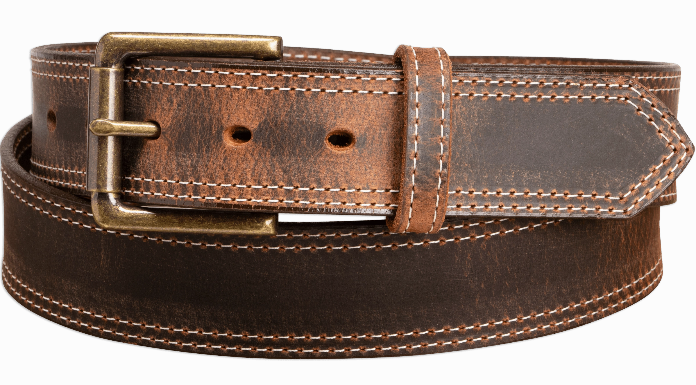 The Crazy Horse: Men's Oil Tanned Double Stitched Leather Belt 1.50" (White Colored Thread)
