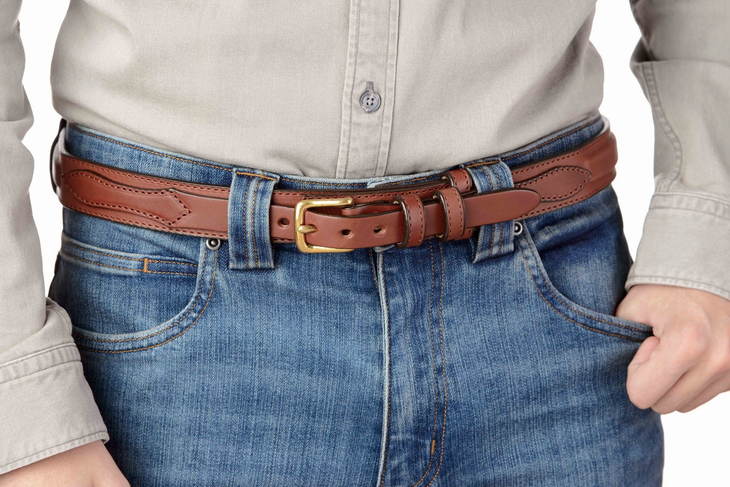 The Walker: Men's Medium Brown Stitched Ranger Leather Belt 1.25"