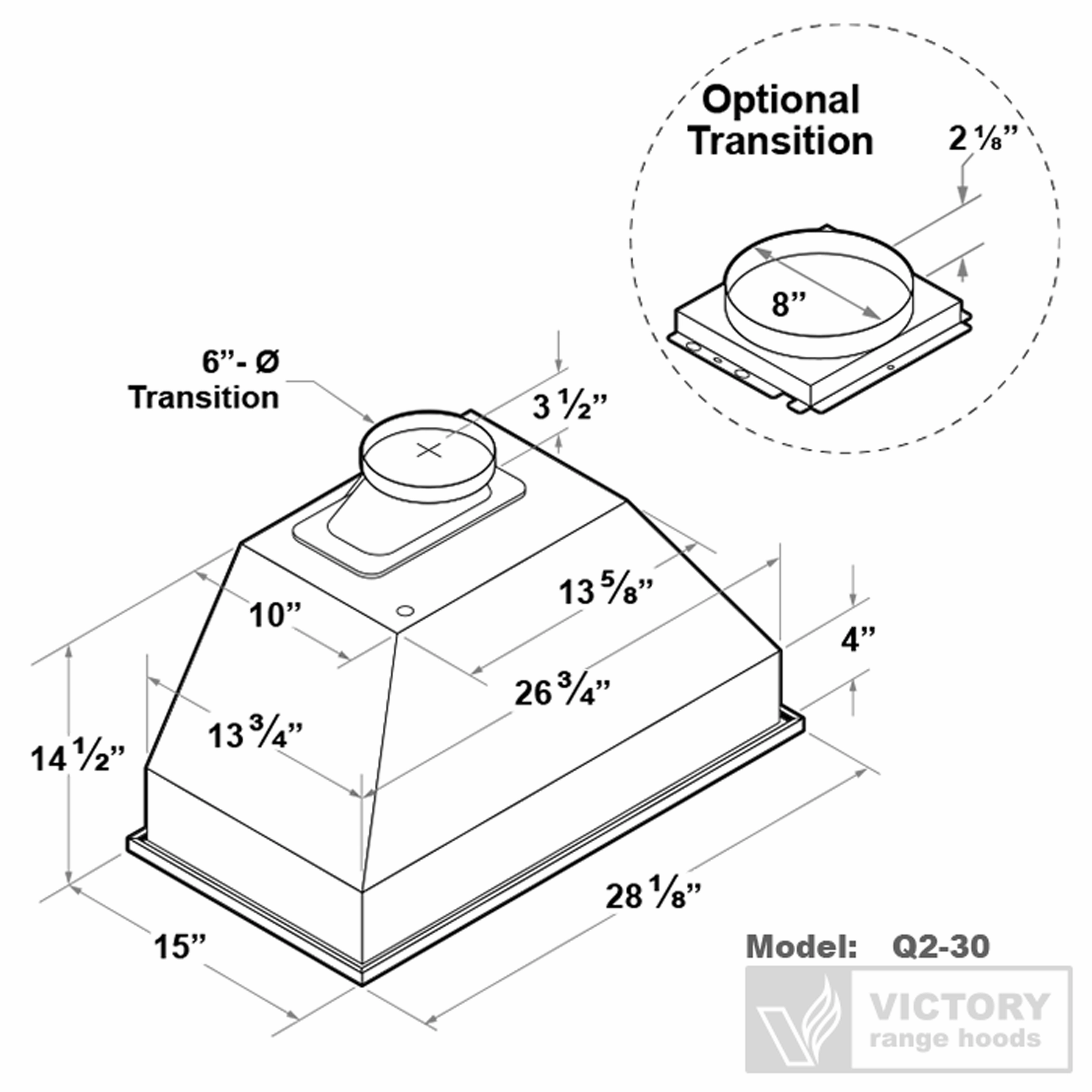 VICTORY Stainless Steel 30" 700 CFM Range Hood Insert - Q2-30