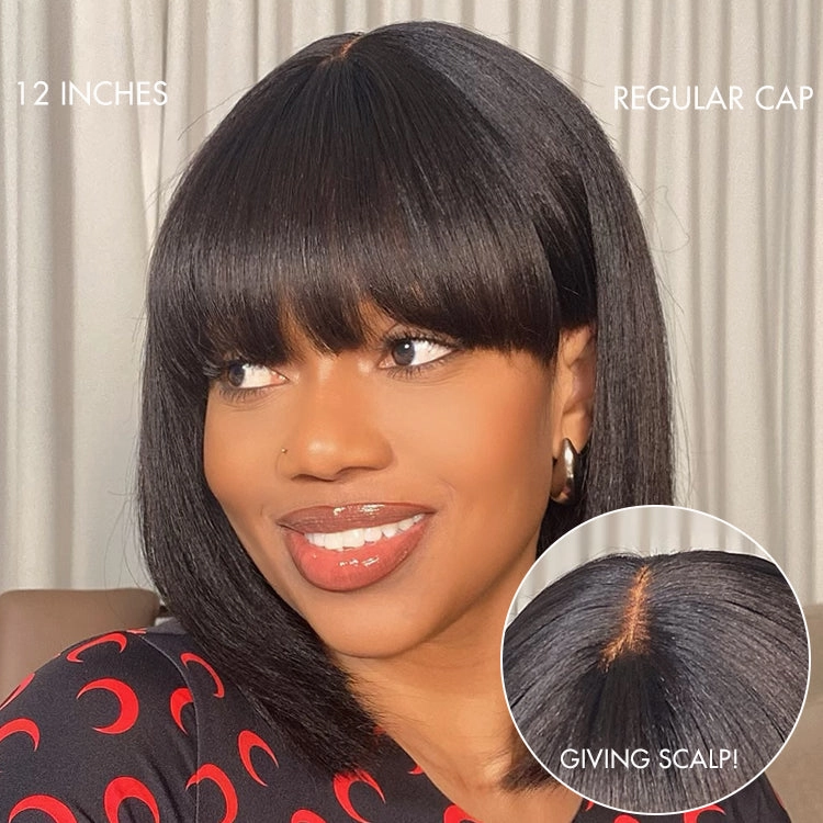 Weekly Special | Put On and Go Reddish Purple / Brown Highlight / Natural Black Layered Cut Yaki Straight Minimalist Lace Bob Wig with Bangs
