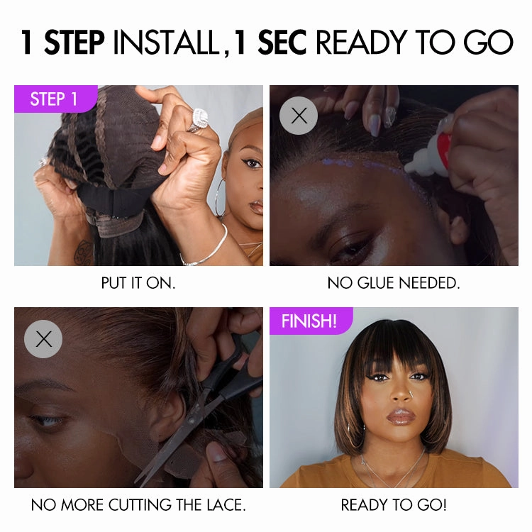 Weekly Special | Put On and Go Reddish Purple / Brown Highlight / Natural Black Layered Cut Yaki Straight Minimalist Lace Bob Wig with Bangs