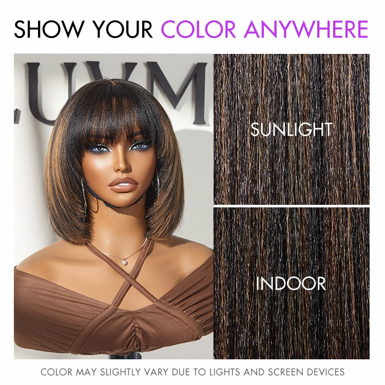 Weekly Special | Put On and Go Reddish Purple / Brown Highlight / Natural Black Layered Cut Yaki Straight Minimalist Lace Bob Wig with Bangs
