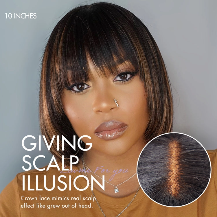 Weekly Special | Put On and Go Reddish Purple / Brown Highlight / Natural Black Layered Cut Yaki Straight Minimalist Lace Bob Wig with Bangs