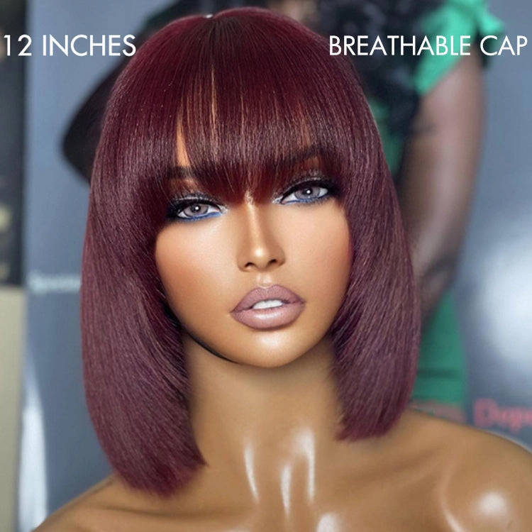 Weekly Special | Put On and Go Reddish Purple / Brown Highlight / Natural Black Layered Cut Yaki Straight Minimalist Lace Bob Wig with Bangs