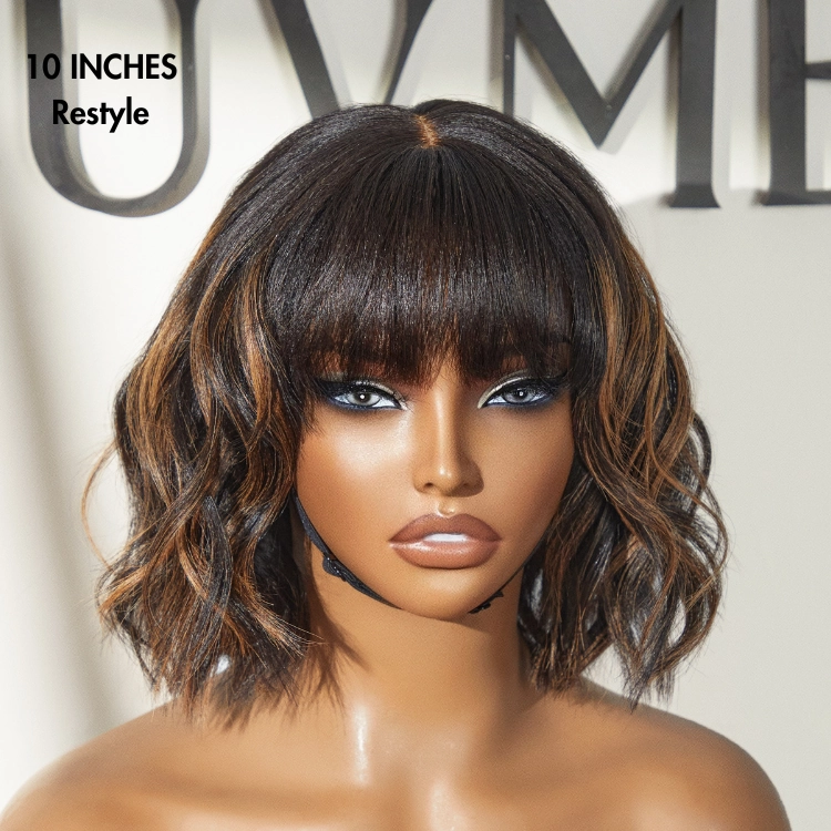 Weekly Special | Put On and Go Reddish Purple / Brown Highlight / Natural Black Layered Cut Yaki Straight Minimalist Lace Bob Wig with Bangs