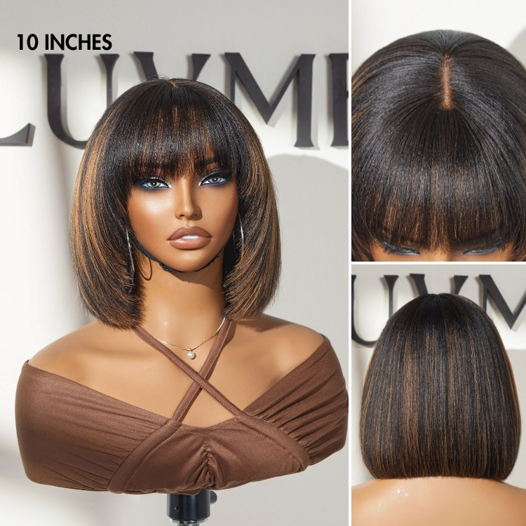 Weekly Special | Put On and Go Reddish Purple / Brown Highlight / Natural Black Layered Cut Yaki Straight Minimalist Lace Bob Wig with Bangs