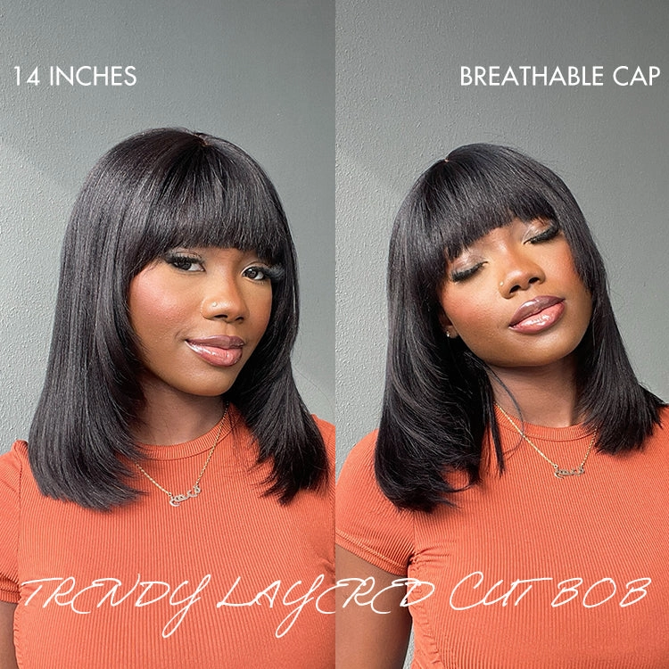 Weekly Special | Put On and Go Reddish Purple / Brown Highlight / Natural Black Layered Cut Yaki Straight Minimalist Lace Bob Wig with Bangs